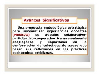 Avances Significativos

   Una propuesta metodológica estratégica
para sistematizar experiencias docentes
(MESEDO)       de   trabajos   colaborativo-
                               colaborativo-
participativo-
participativo-cooperativo transversalmente
desplegados       y   soportados    en    la
conformación de colectivos de apoyo que
basan sus reflexiones en las prácticas
pedagógicas cotidianas.
              cotidianas.
 