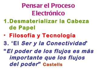Pensar el Proceso Electrónico Desmaterializar la Cabeza de Papel Filosofía y Tecnología 3. ‘El  Ser y la Conectividad ’  “ El poder de los flujos es más importante que los flujos del poder ”  Castells 