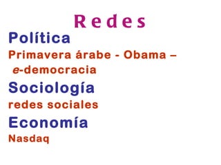 R e d e s Política  Primavera árabe - Obama – e -democracia  Sociología  redes sociales Economía  Nasdaq 