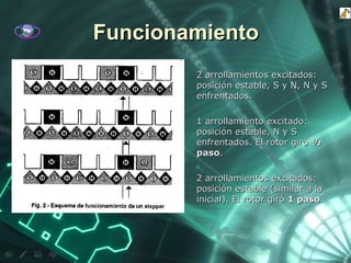 Funcionamiento 2 arrollamientos excitados: posición estable, S y N, N y S enfrentados. 1 arrollamiento excitado: posición estable, N y S enfrentados. El rotor giró  ½ paso . 2 arrollamientos excitados: posición estable (similar a la inicial). El rotor giró  1 paso . 