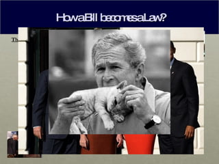 How a Bill becomes a Law? The Law Making Process- President’s options for a bill: 1:  Sign bill-  becomes a law 2:  Veto bill- must return it to the originating housewith reasons why. -  Can be over ridden with a 2/3 rd  vote of both houses. 3:  Allow a bill to become a law by not signing it-  -  if a bill sits on the President’s desk for 10 days w/o   action while Congress is in session, it becomes a law.  4:  Pocket veto-  -  if a bill sits on the President’s desk for 10 days while      Congress is leaving or out of session, it is dead. 