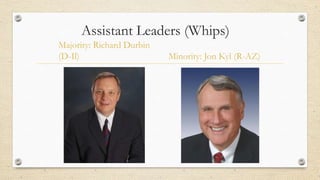 Assistant Leaders (Whips)
Majority: Richard Durbin
(D-Il) Minority: Jon Kyl (R-AZ)
 