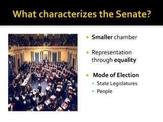  Smaller chamber
 Representation
through equality
 Mode of Election
 State Legislatures
 People
 