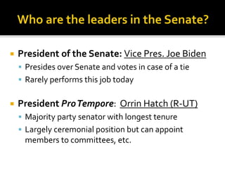  President of the Senate: Vice Pres. Joe Biden
 Presides over Senate and votes in case of a tie
 Rarely performs this job today
 President ProTempore: Orrin Hatch (R-UT)
 Majority party senator with longest tenure
 Largely ceremonial position but can appoint
members to committees, etc.
 