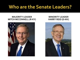 MAJORITY LEADER
MITCH MCCONNELL (R-KY)
MINORITY LEADER
HARRY REID (D-NV)
 