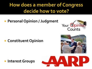  Personal Opinion / Judgment
 Constituent Opinion
 Interest Groups
 