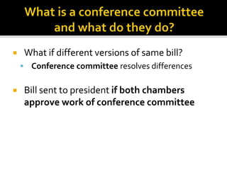  What if different versions of same bill?
 Conference committee resolves differences
 Bill sent to president if both chambers
approve work of conference committee
 