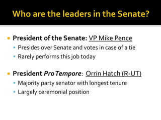  President of the Senate: VP Mike Pence
 Presides over Senate and votes in case of a tie
 Rarely performs this job today
 President ProTempore: Orrin Hatch (R-UT)
 Majority party senator with longest tenure
 Largely ceremonial position
 