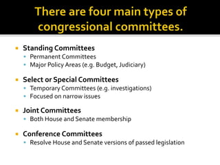  Standing Committees
 Permanent Committees
 Major Policy Areas (e.g. Budget, Judiciary)
 Select or Special Committees
 Temporary Committees (e.g. investigations)
 Focused on narrow issues
 Joint Committees
 Both House and Senate membership
 Conference Committees
 Resolve House and Senate versions of passed legislation
 