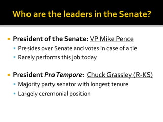  President of the Senate: VP Mike Pence
 Presides over Senate and votes in case of a tie
 Rarely performs this job today
 President ProTempore: Chuck Grassley (R-KS)
 Majority party senator with longest tenure
 Largely ceremonial position
 