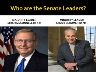 MAJORITY LEADER
MITCH MCCONNELL (R-KY)
MINORITY LEADER
CHUCK SCHUMER (D-NY)
 