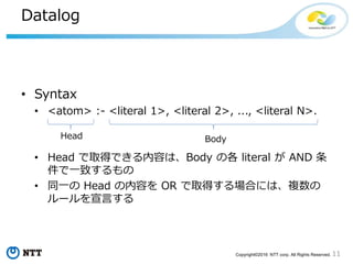 11Copyright©2016 NTT corp. All Rights Reserved.
ユースケース3
VM 内アプリの状態を考慮したスケジューリング
Policy で定義する内容
– Meta data やアプリ間の配置 Policy
– スケジューリングに追加するビジネス Policy
» 利用している VM 数/サービス数が多いと、空いている
HV を優先的に利用できる など
HV HV
Congress
VMVM VMVM
大
1. VM 起動リクエスト
Nova
Congress-
hook 2. 起動 VM の Meta data や
VM 上のアプリ等の状態を元に
- 配置してはいけないホスト
- 配置してもよいホスト
を問い合わせ & 返却
3. Congress からの情報を
考慮してスケジューリング
Monitoring
System
APP
0. アプリの状態等は監視システムが
Congress に通知済み
 