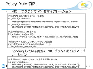 13Copyright©2016 NTT corp. All Rights Reserved.
Datalog
• Syntax
• <atom> :- <literal 1>, <literal 2>, ..., <literal N>.
• Head で取得できる内容は、Body の各 literal が AND 条
件で一致するもの
• 同一の Head の内容を OR で取得する場合には、複数の
ルールを宣言する
Head Body
 