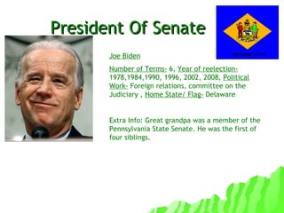 President Of Senate Joe Biden Number of Terms-  6,  Year of reelection-  1978,1984,1990, 1996, 2002, 2008,  Political Work-  Foreign relations, committee on the Judiciary ,  Home State/ Flag-  Delaware Extra Info: Great grandpa was a member of the Pennsylvania State Senate. He was the first of four siblings. 