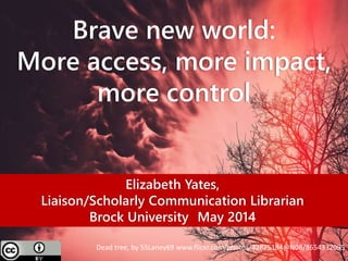 Dead tree, by 55Laney69 www.flickr.com/photos/42875184@N08/8654332095
Brave new world:
More access, more impact,
more control
Elizabeth Yates,
Liaison/Scholarly Communication Librarian
Brock University May 2014
 