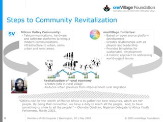Steps to Community Revitalization
          Silicon Valley Community:                                  oneVillage Initiative:
    SV     - Telecommunications, hardware                             - Based on open source platform
             and software platforms to bring a                          development
             modern communications                                    - Creates relationships with all
             infrastructure to urban, semi-                             players and leadership
             urban and rural areas.                                   - Provides templates for
                                                                        sustainable development
                                                                      - A holistic approach to addressing
                                                                        world-urgent issues




                          Revitalization of rural economy
                          -Creates jobs in rural village
                          -Reduces urban pressure from impoverished rural migration




         “GRIN’s role for the rebirth of Mother Africa is to gather her best resources, which are her
           people. By being that connection, we have a duty to reach all the people. And, to have
           something to show to all the people!” – Olumdie Obidiran, Nigerian Delegate to Africa Youth
           Parliament, March 2003.

9             Members of US Congress | Washington, DC | May 2003                    © 2003 oneVillage Foundation
 