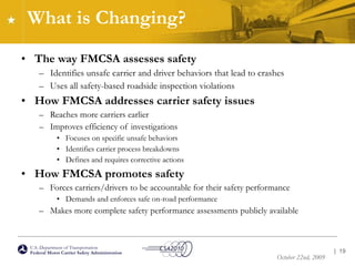 What is Changing? The way FMCSA assesses safety  Identifies unsafe carrier and driver behaviors that lead to crashes Uses all safety-based roadside inspection violations How FMCSA addresses carrier safety issues  Reaches more carriers earlier  Improves efficiency of investigations  Focuses on specific unsafe behaviors Identifies carrier process breakdowns Defines and requires corrective actions How FMCSA promotes safety Forces carriers/drivers to be accountable for their safety performance Demands and enforces safe on-road performance Makes more complete safety performance assessments publicly available |  