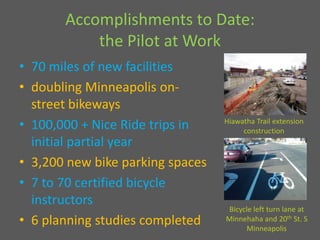Accomplishments to Date: the Pilot at Work  70 miles of new facilitiesdoubling Minneapolis on-street bikeways 100,000 + Nice Ride trips in initial partial year 3,200 new bike parking spaces 7 to 70 certified bicycle instructors 6 planning studies completedHiawatha Trail extension construction Bicycle left turn lane at Minnehaha and 20th St. SMinneapolis 
