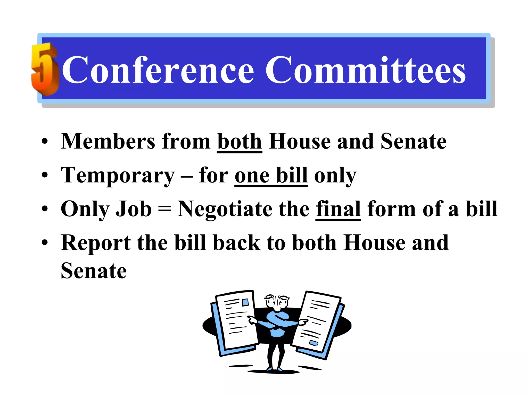Conference Committees
• Members from both House and Senate
• Temporary – for one bill only
• Only Job = Negotiate the final form of a bill
• Report the bill back to both House and
Senate
 