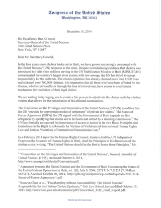 Accountability: 77 Members of Congress Urge UN to Provide Settlement Mechanism for Cholera Victims and their Families