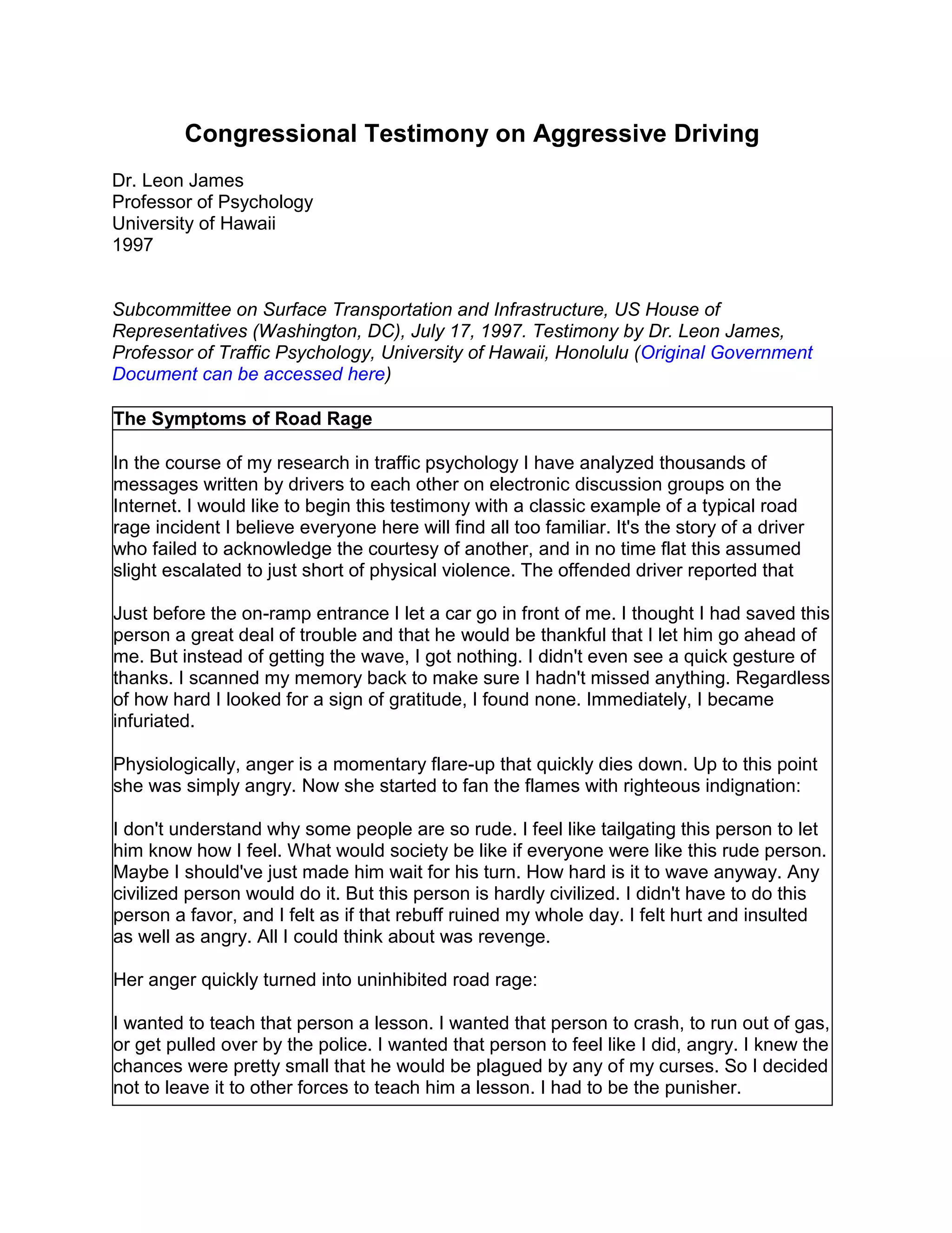 Testimony Message Example Congressional Testimony On Aggressive Driving | PDF