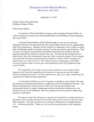 Lettre du Congres des Etats Unis au President du Sénat Simon Desras, 15, 2014