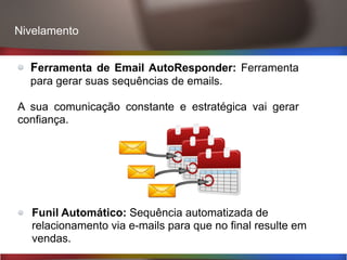 Nivelamento
Ferramenta de Email AutoResponder: Ferramenta
para gerar suas sequências de emails.
A sua comunicação constante e estratégica vai gerar
confiança.
Funil Automático: Sequência automatizada de
relacionamento via e-mails para que no final resulte em
vendas.
 