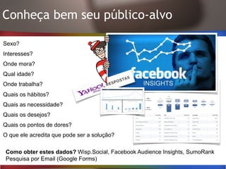 Conheça bem seu público-alvo
Sexo?
Interesses?
Onde mora?
Qual idade?
Onde trabalha?
Quais os hábitos?
Quais as necessidade?
Quais os desejos?
Quais os pontos de dores?
O que ele acredita que pode ser a solução?
Como obter estes dados? Wisp.Social, Facebook Audience Insights, SumoRank
Pesquisa por Email (Google Forms)
 