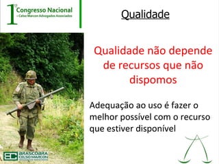 Qualidade


 Qualidade não depende
  de recursos que não
        dispomos

Adequação ao uso é fazer o
melhor possível com o recurso
que estiver disponível
 
