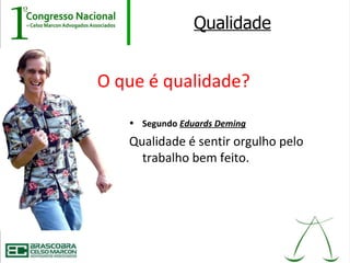 Qualidade


O que é qualidade?

   • Segundo Eduards Deming

   Qualidade é sentir orgulho pelo
     trabalho bem feito.
 