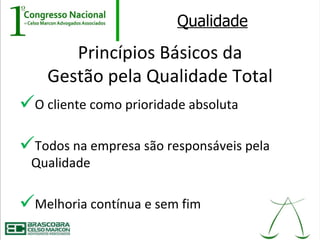 Qualidade

       Princípios Básicos da
    Gestão pela Qualidade Total
O cliente como prioridade absoluta

Todos na empresa são responsáveis pela
 Qualidade

Melhoria contínua e sem fim
 