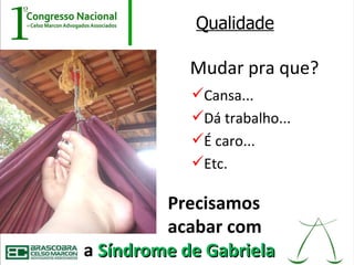Qualidade

            Mudar pra que?
            Cansa...
            Dá trabalho...
            É caro...
            Etc.

         Precisamos
         acabar com
a Síndrome de Gabriela
 