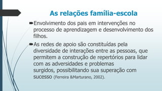 As relações família-escola
Envolvimento dos pais em intervenções no
processo de aprendizagem e desenvolvimento dos
filhos.
As redes de apoio são constituídas pela
diversidade de interações entre as pessoas, que
permitem a construção de repertórios para lidar
com as adversidades e problemas
surgidos, possibilitando sua superação com
sucesso (Ferreira &Marturano, 2002).

 