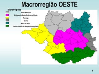 Macrorregião OESTE
Microrregiões
Bom Despacho
Divinópolis/Santo Antônio do Monte
Formiga
Itaúna
Pará de Minas
Santo Antõnio do Amparo/Campo Belo

4

 