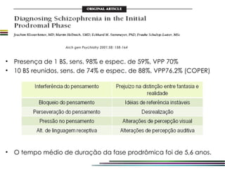 Arch gen Psychiatry 2001;58: 158-164



•   Presença de 1 BS, sens. 98% e espec. de 59%, VPP 70%
•   10 BS reunidos, sens. de 74% e espec. de 88%, VPP76,2% (COPER)




•   O tempo médio de duração da fase prodrômica foi de 5,6 anos.
 