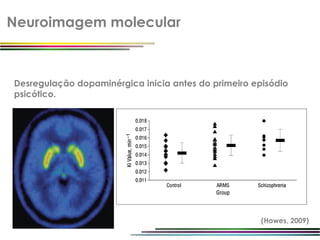 Neuroimagem molecular



Desregulação dopaminérgica inicia antes do primeiro episódio
psicótico.




                                                      (Howes, 2009)
 