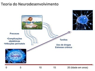 Teoria do Neurodesenvolvimento




      Precoces

     •Complicações
                                   Tardios
       obstétricas
 •Infecções perinatais
                                Uso de drogas
                               Estresse crônico




  0              5       10   15             20 (Idade em anos)
 