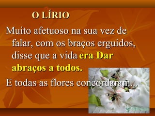 O LÍRIO
Muito afetuoso na sua vez de
 falar, com os braços erguidos,
 disse que a vida era Dar
 abraços a todos.
E todas as flores concordaram...
 