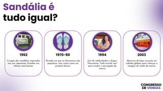1962
Criação das sandálias inspiradas
nas zori japonesas, focadas nas
classes mais baixas.
1970-80
Período em que as Havaianas são
populares, mas vistas como um
produto básico.
1994
Uso de celebridades e slogan
"Havaianas. Todo mundo usa."
para mudar a percepção da
marca.
2003
Abertura de lojas conceito em
cidades globais para reforçar a
imagem de moda da marca.
Sandália é
tudo igual?
 