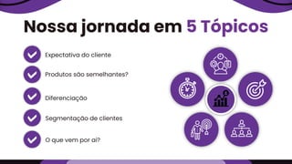 Nossa jornada em 5 Tópicos
Expectativa do cliente
Produtos são semelhantes?
Diferenciação
Segmentação de clientes
O que vem por ai?
 