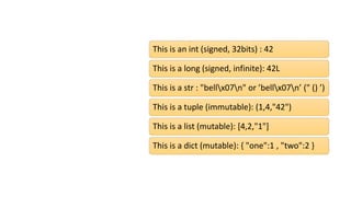 Aprenda
Python
rapidamente
This is an int (signed, 32bits) : 42
This is a long (signed, infinite): 42L
This is a str : "bellx07n" or ’bellx07n’ (" () ’)
This is a tuple (immutable): (1,4,"42")
This is a list (mutable): [4,2,"1"]
This is a dict (mutable): { "one":1 , "two":2 }
 
