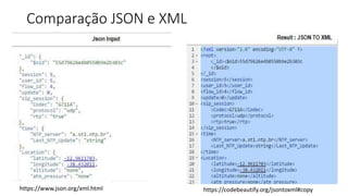 Comparação JSON e XML
https://www.json.org/xml.html https://codebeautify.org/jsontoxml#copy
 