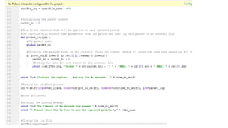 Um código Python com sniffing
• Configurar a interface em modo promíscuo
• Inicializa os contadores e o timeout
• Define os protocolos a serem filtrados
• Permite definir um nome para o arquivo de log
• Grava os dados de interesse coletados no arquivo de log
 