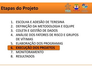 Etapas do Projeto

    1.   ESCOLHA E ADESÃO DE TERESINA
    2.   DEFINIÇÃO DA METODOLOGIA E EQUIPE
    3.   COLETA E GESTÃO DE DADOS
    4.   ANÁLISE DOS FATORES DE RISCO E GRUPOS
         DE VÍTIMAS
    5.   ELABORAÇÃO DOS PROGRAMAS
    6.   EXECUÇÃO DOS PROJETOS
    7.   MONITORAMENTO
    8.   RESULTADOS
 