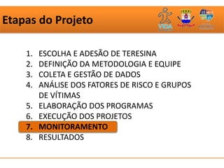 Etapas do Projeto

    1.   ESCOLHA E ADESÃO DE TERESINA
    2.   DEFINIÇÃO DA METODOLOGIA E EQUIPE
    3.   COLETA E GESTÃO DE DADOS
    4.   ANÁLISE DOS FATORES DE RISCO E GRUPOS
         DE VÍTIMAS
    5.   ELABORAÇÃO DOS PROGRAMAS
    6.   EXECUÇÃO DOS PROJETOS
    7.   MONITORAMENTO
    8.   RESULTADOS
 