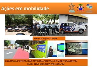 Ações em mobilidade
   Resultados Mobilização/Campanhas




                       Reestruturação STRANS




 CICLOFAIXAS/ INTEGRAÇÃO TEMPORAL/CENTRAL DE MONITORAMENTO/
                     FAIXA SEMI-EXCLUSIVA FREI SERAFIM
 