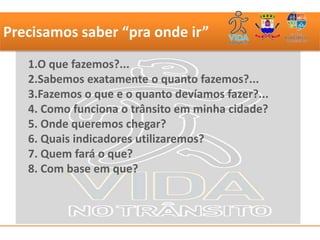 Precisamos saber “pra onde ir”
   1.O que fazemos?...
   2.Sabemos exatamente o quanto fazemos?...
   3.Fazemos o que e o quanto devíamos fazer?...
   4. Como funciona o trânsito em minha cidade?
   5. Onde queremos chegar?
   6. Quais indicadores utilizaremos?
   7. Quem fará o que?
   8. Com base em que?
 