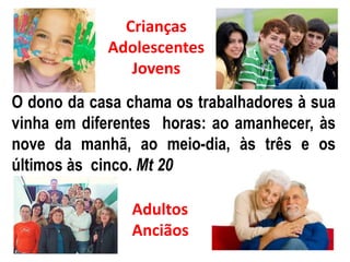 Crianças 
Adolescentes 
Jovens 
O dono da casa chama os trabalhadores à sua 
vinha em diferentes horas: ao amanhecer, às 
nove da manhã, ao meio-dia, às três e os 
últimos às cinco. Mt 20 
Adultos 
Anciãos 
 