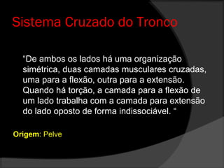 “De ambos os lados há uma organização
simétrica, duas camadas musculares cruzadas,
uma para a flexão, outra para a extensão.
Quando há torção, a camada para a flexão de
um lado trabalha com a camada para extensão
do lado oposto de forma indissociável. “
Cada lado duas camadas: Superficial e Profunda
Origem: Pelve
Término: Ombro Oposto
Sistema Cruzado do Tronco
 