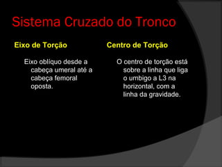 Sistema Cruzado do Tronco
Eixo de Torção
Eixo oblíquo desde a
cabeça umeral até a
cabeça femoral
oposta.
Centro de Torção
O centro de torção está
sobre a linha que liga
o umbigo a L3 na
horizontal, com a
linha da gravidade.
 
